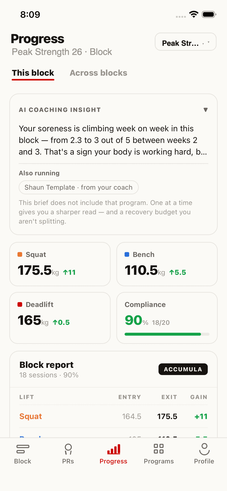 Progress tab with AI coaching insight