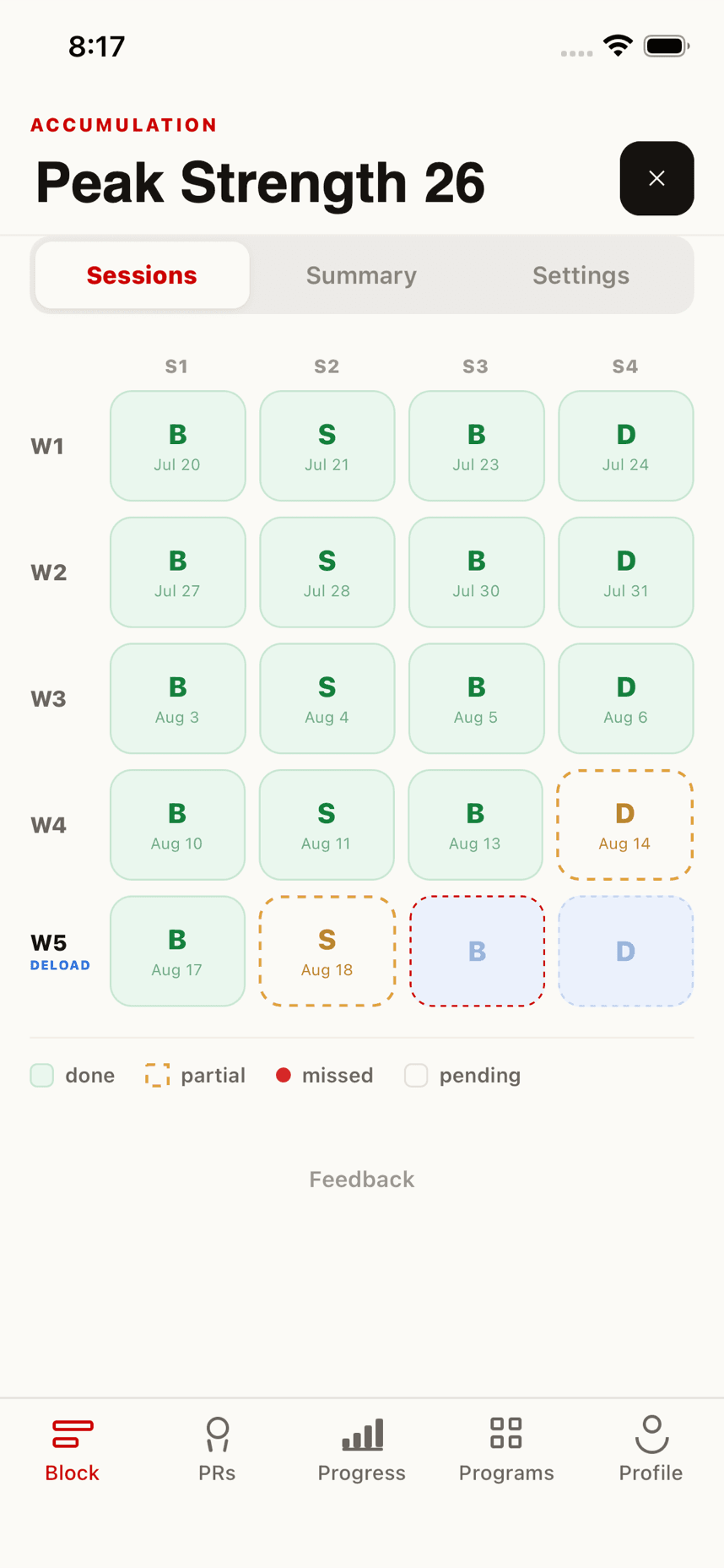 Block session grid across five weeks