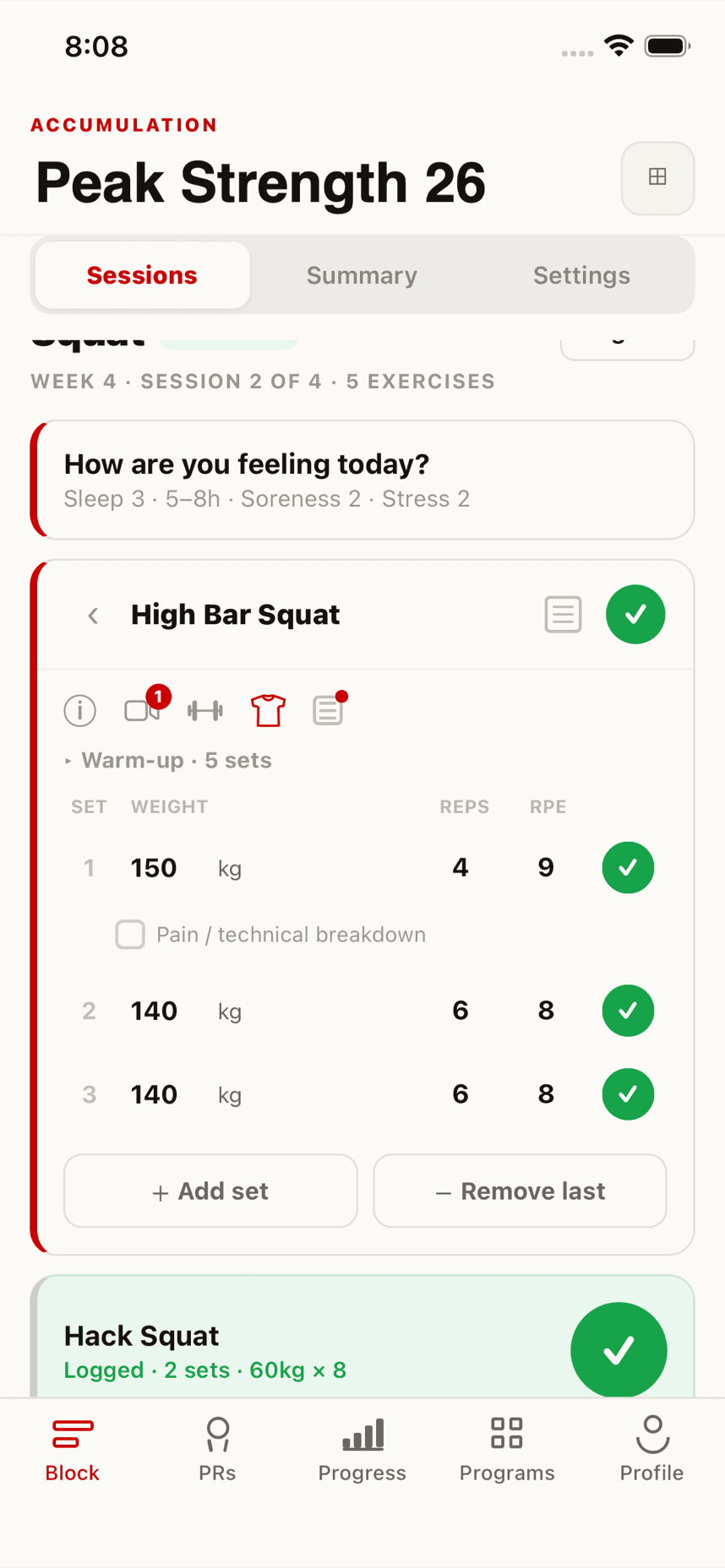 Session logging with sets, reps and RPE
